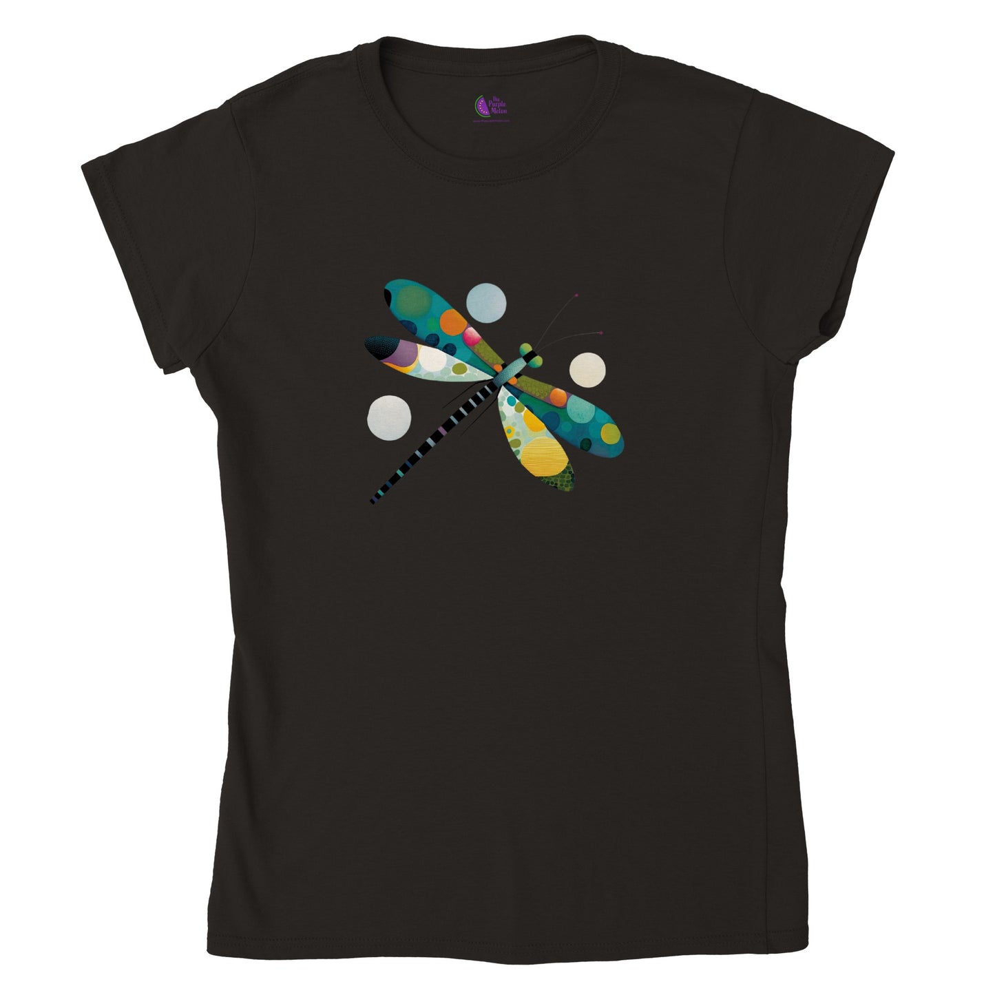 Black t-shirt with an abstract colourful dragonfly print