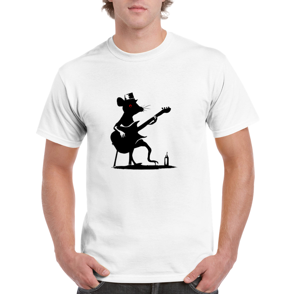 guy wearing a white t-shirt with a rat playing guitar print
