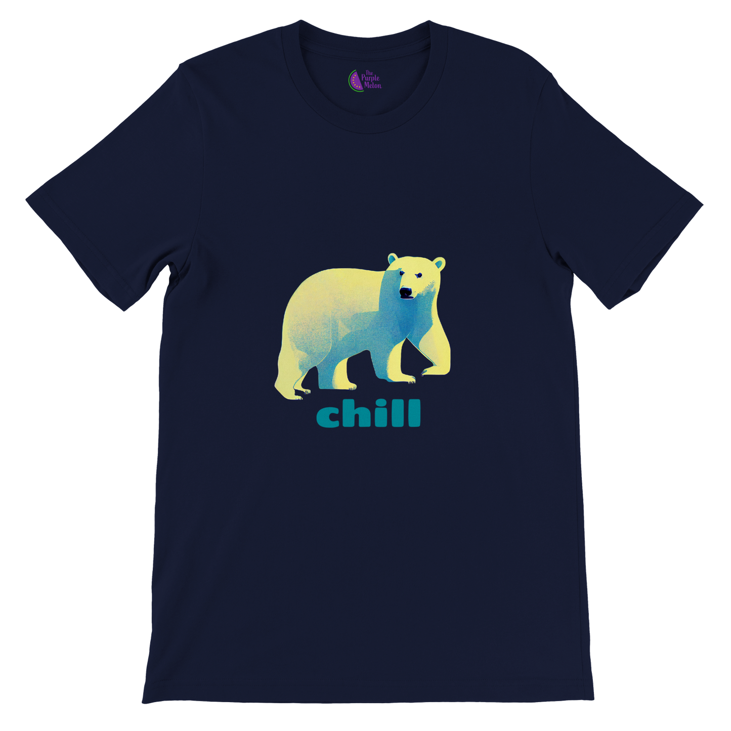 Navy t-shirt with a polar bear print with chill caption