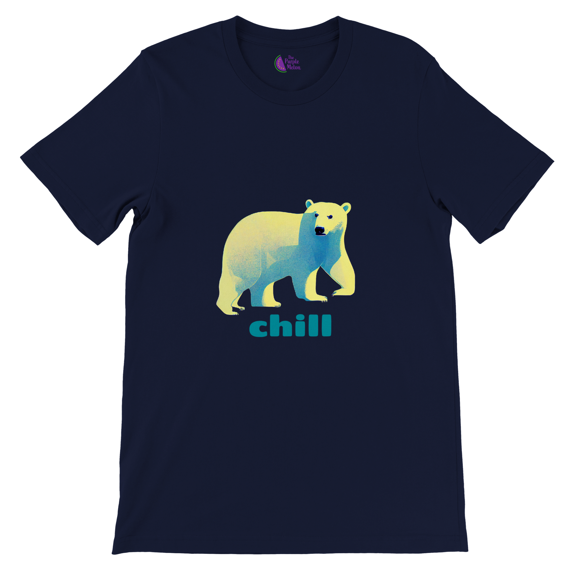 Navy t-shirt with a polar bear print with chill caption