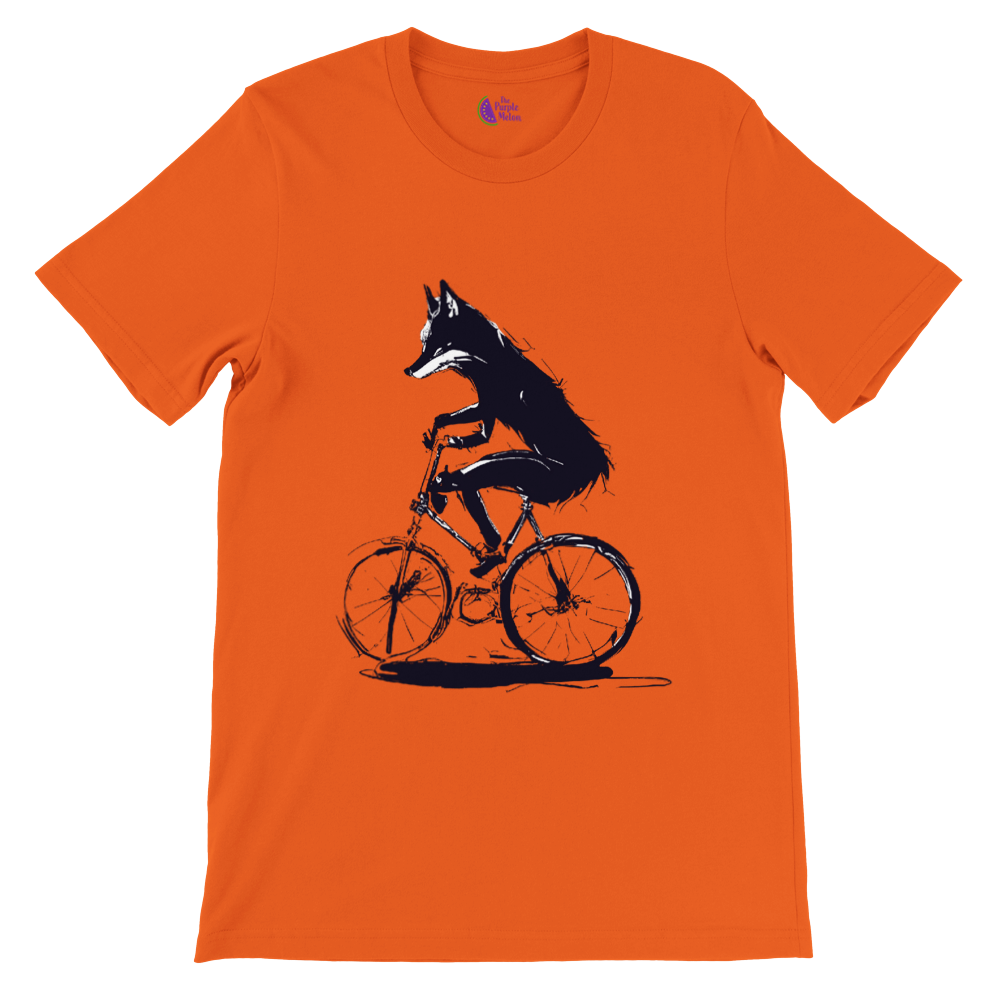 Orange t-shirt with a fox riding a bike print