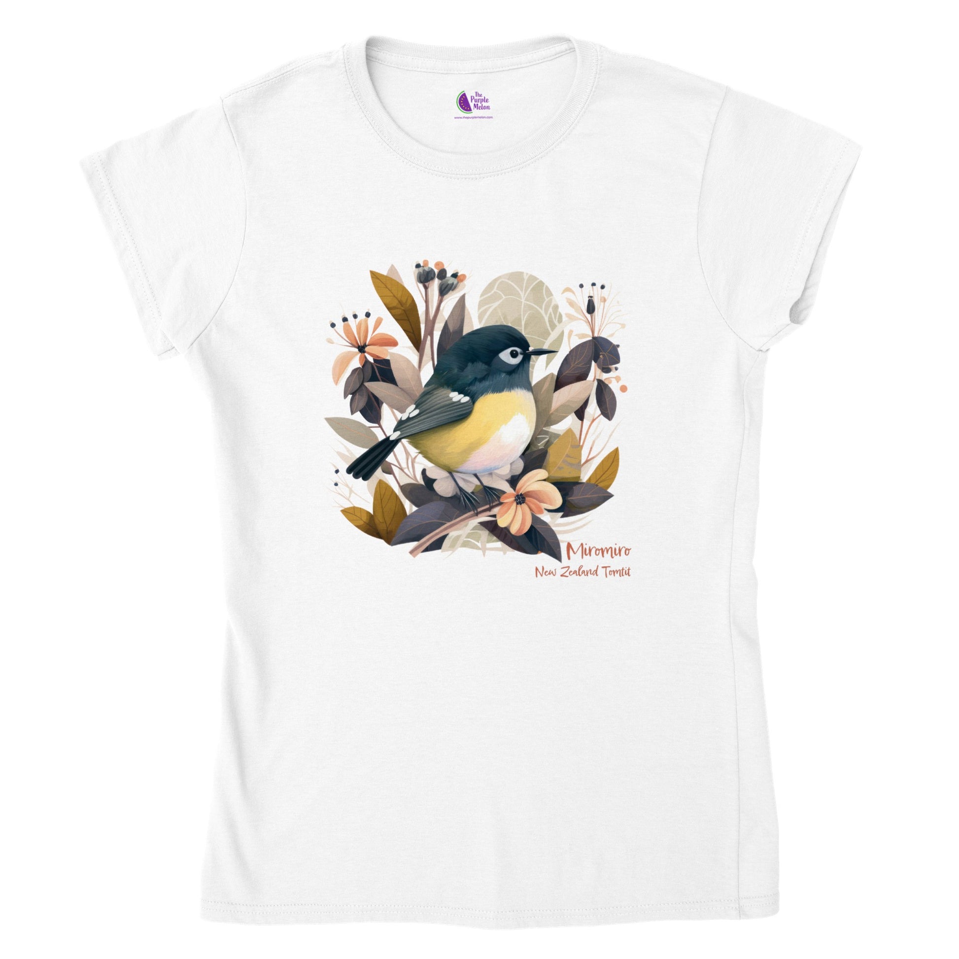 white t-shirt with a New Zealand Miromiro tomtit bird print
