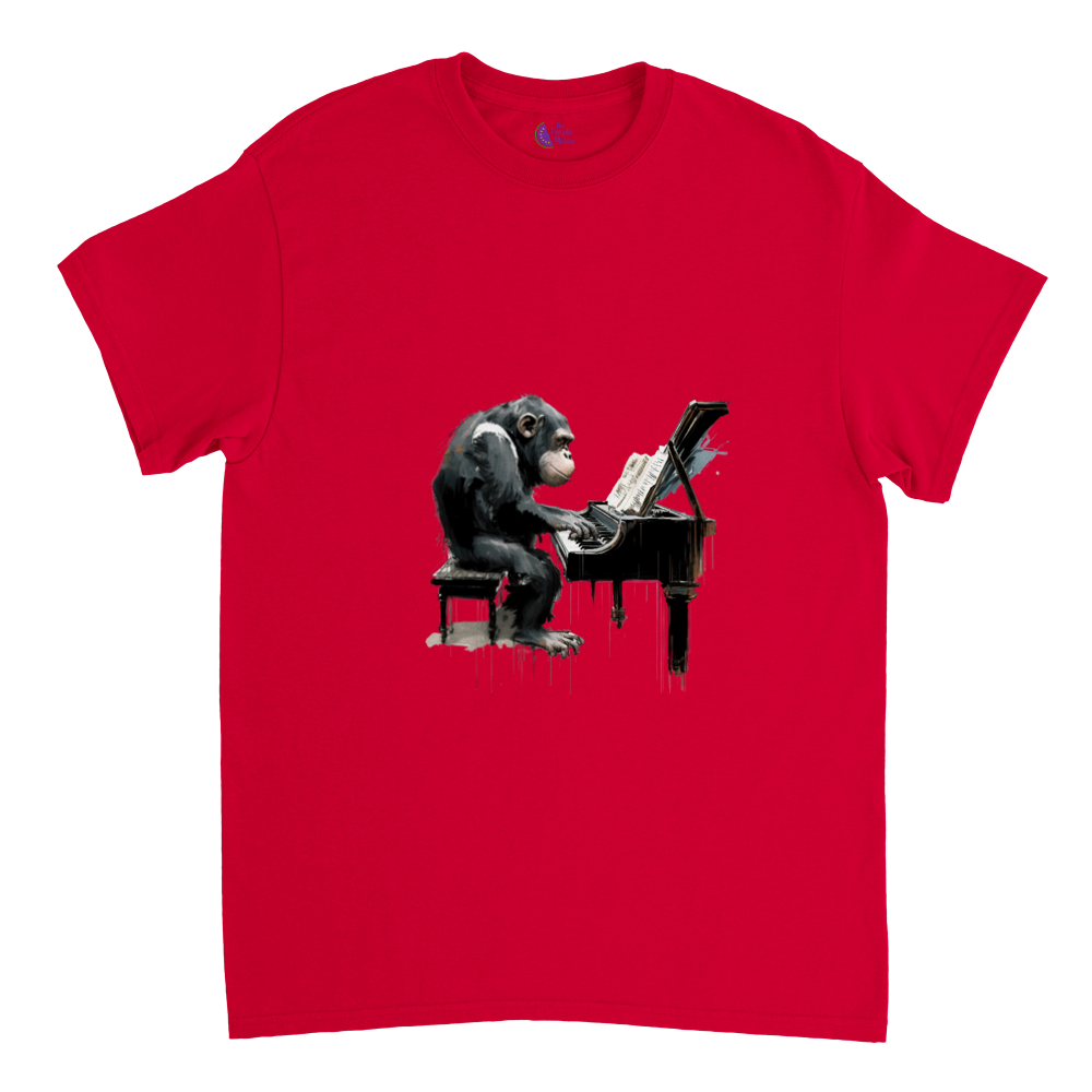 red t-shirt with a chimp playing the piano print