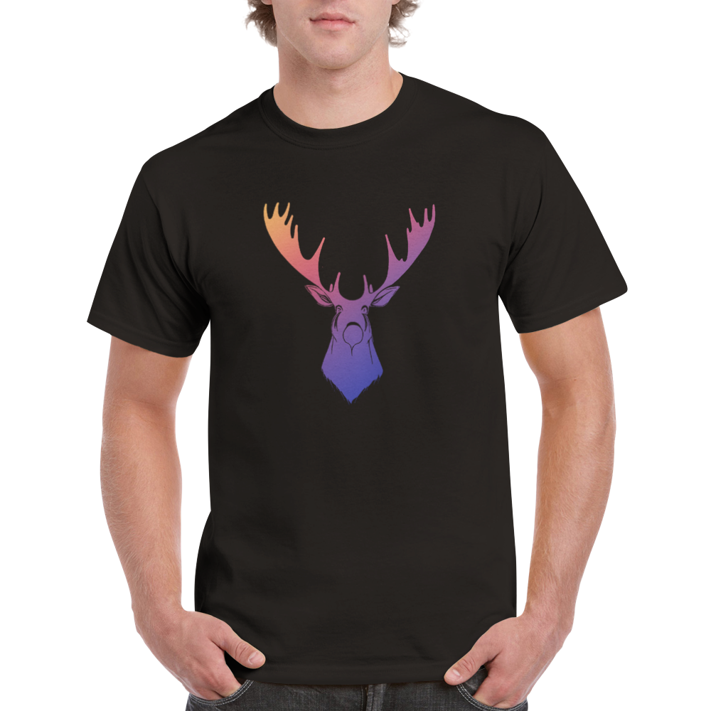 black t-shirt with a rainbow moose print