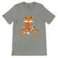 Grey t-shirt with a print of a cute fox riding a bike