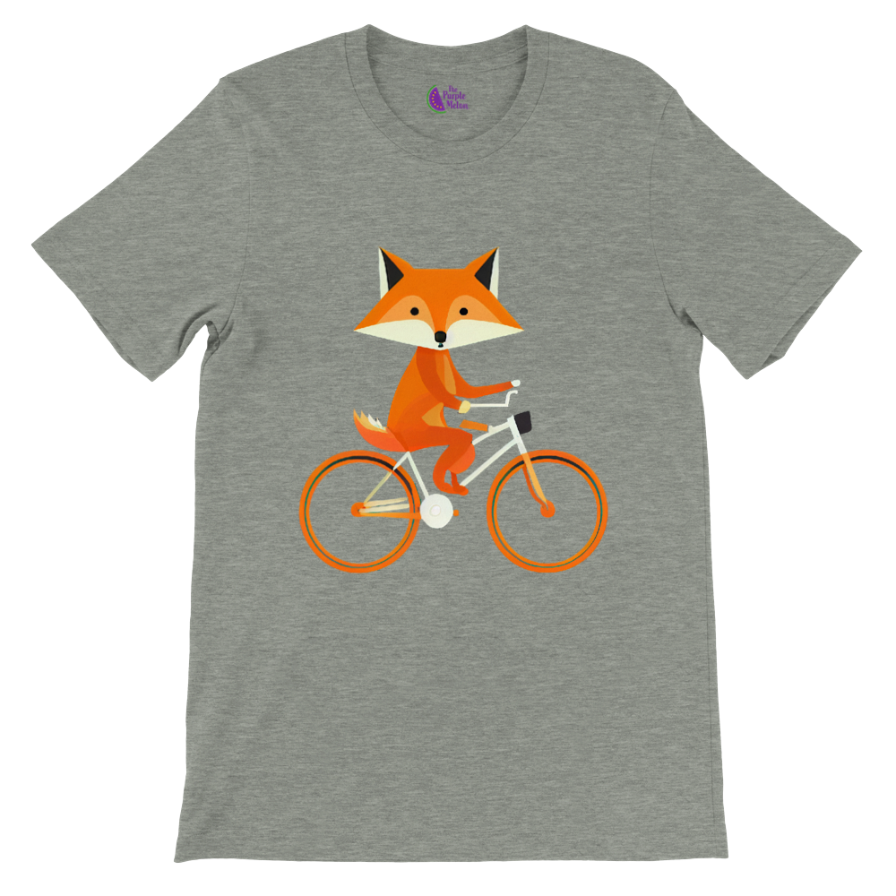 Grey t-shirt with a print of a cute fox riding a bike