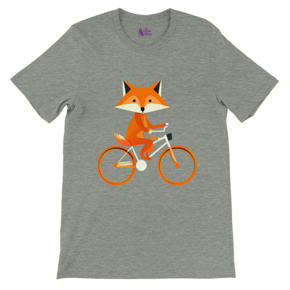 Grey t-shirt with a print of a cute fox riding a bike