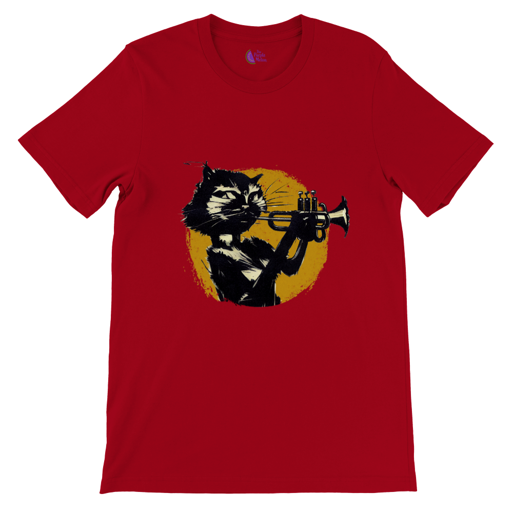 Red t-shirt with a cat playing the trumpet print