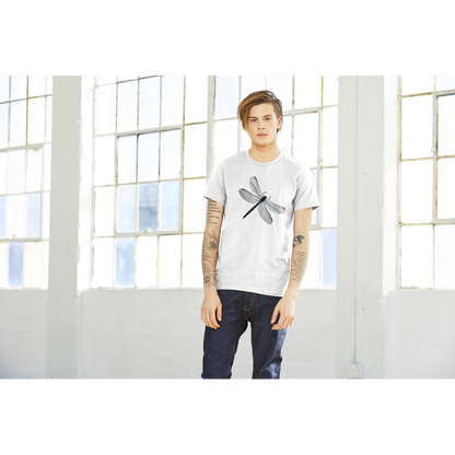 guy wearing a white t-shirt with a dragonfly print