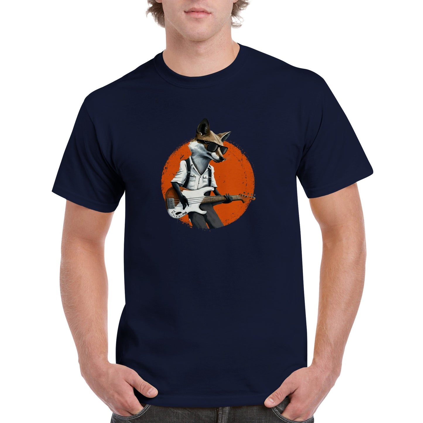 Guy wearing a navy blue t-shirt with a print of a fox in sunglasses playing the bass guitar