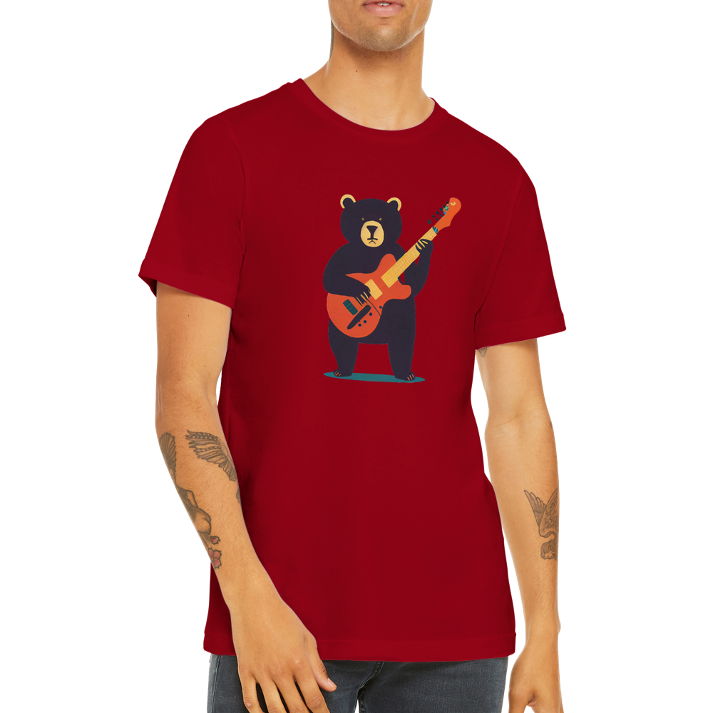 man waering a red t-shirt with a bear playing a guitar print