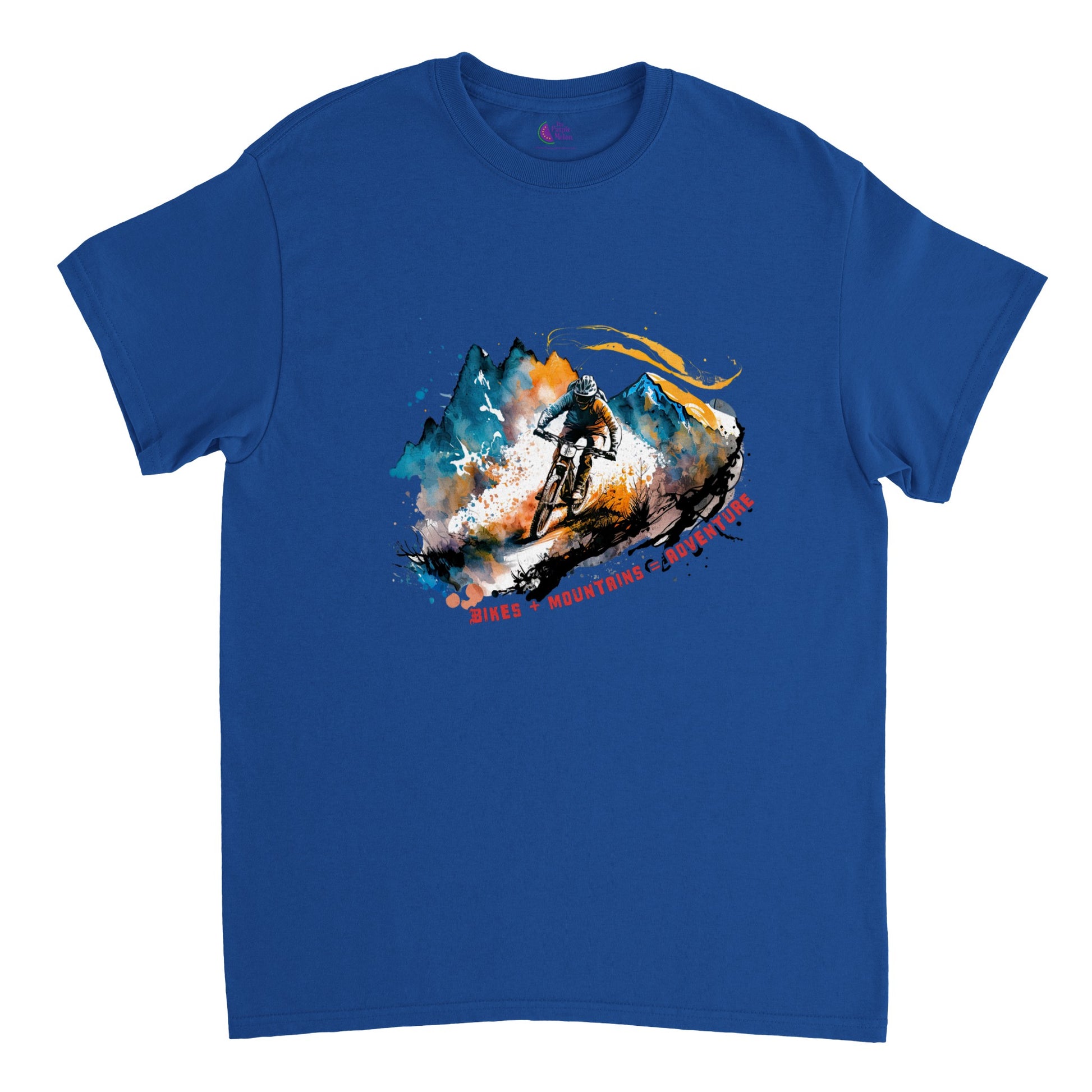 Royal blue t-shirt with a mountain bike print with the caption Bikes + Mountains = Adventure