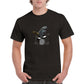 black t-shirt with a shark playing drums illustration