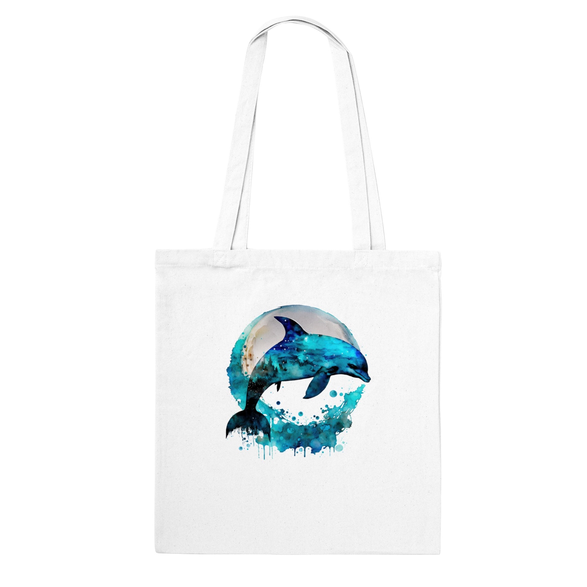 white tote bag with dolphin print