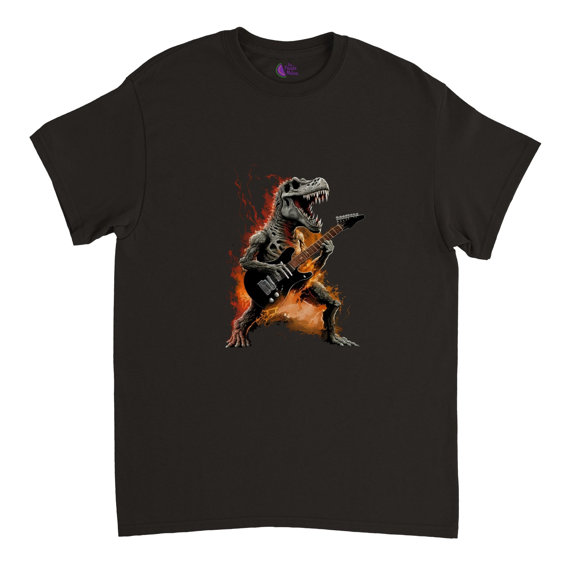 black t-shirt with a flaming t-rex playing the guitar graphic
