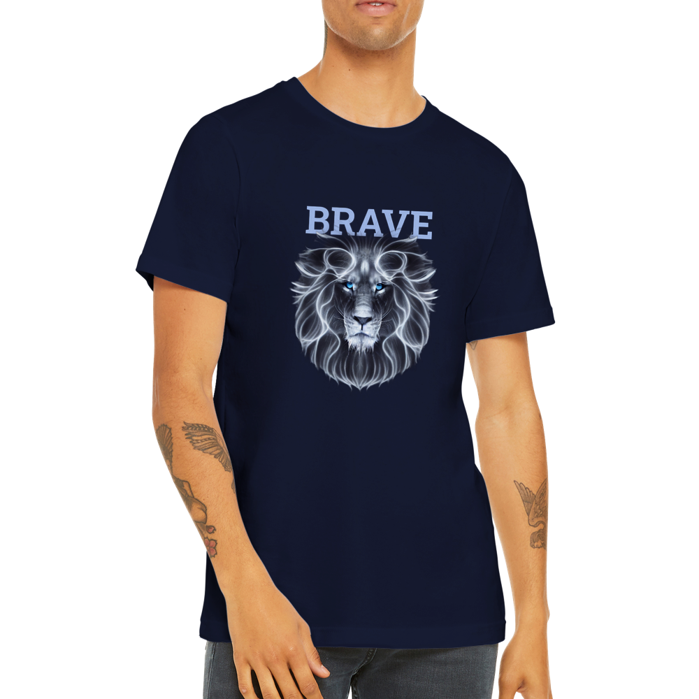 Guy wearing a navy t-shirt with a lion print and the word Brave