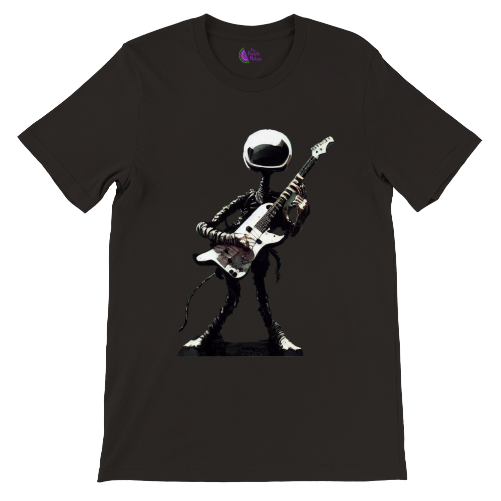 Black t-shirt with an alien playing electric guitar illustration