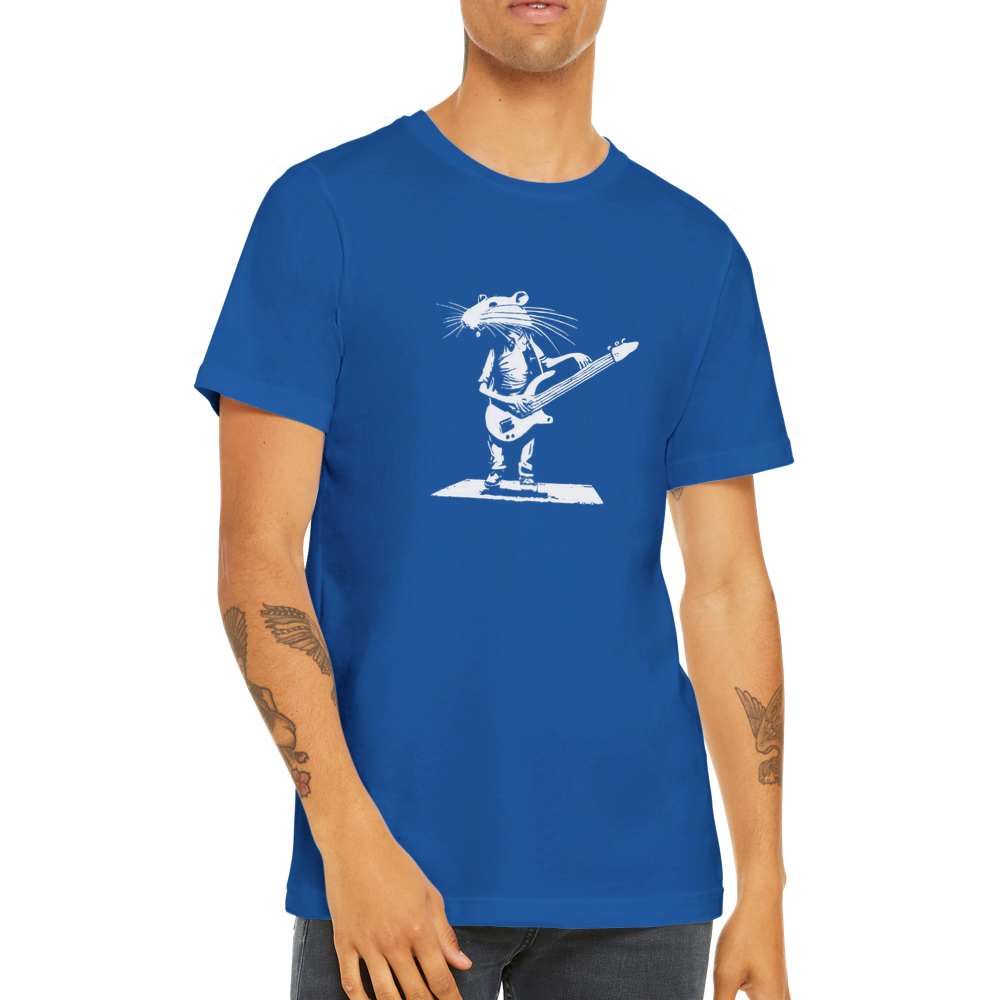 Guy wearing a blue t-shirt with a rat playing bass guitar print