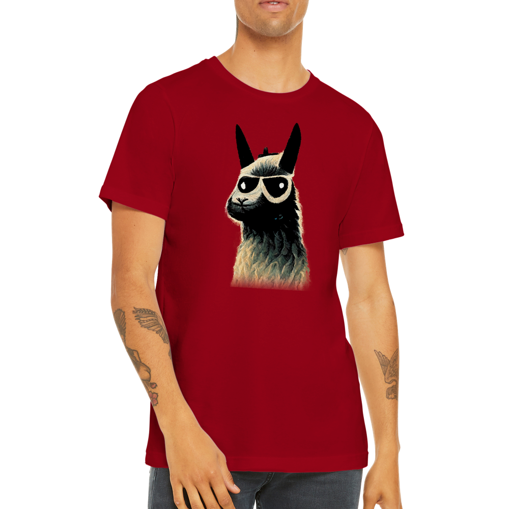 guy wearing a red t-shirt with a llama wearing sunglasses print