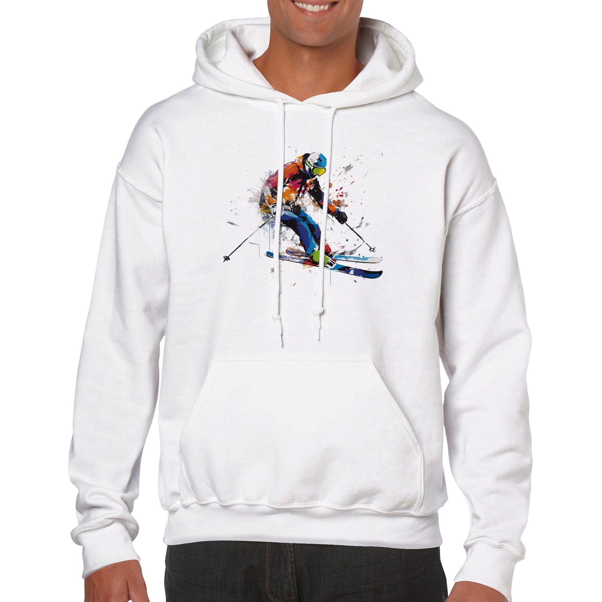 A guy wearing a white hoodie with a skier print