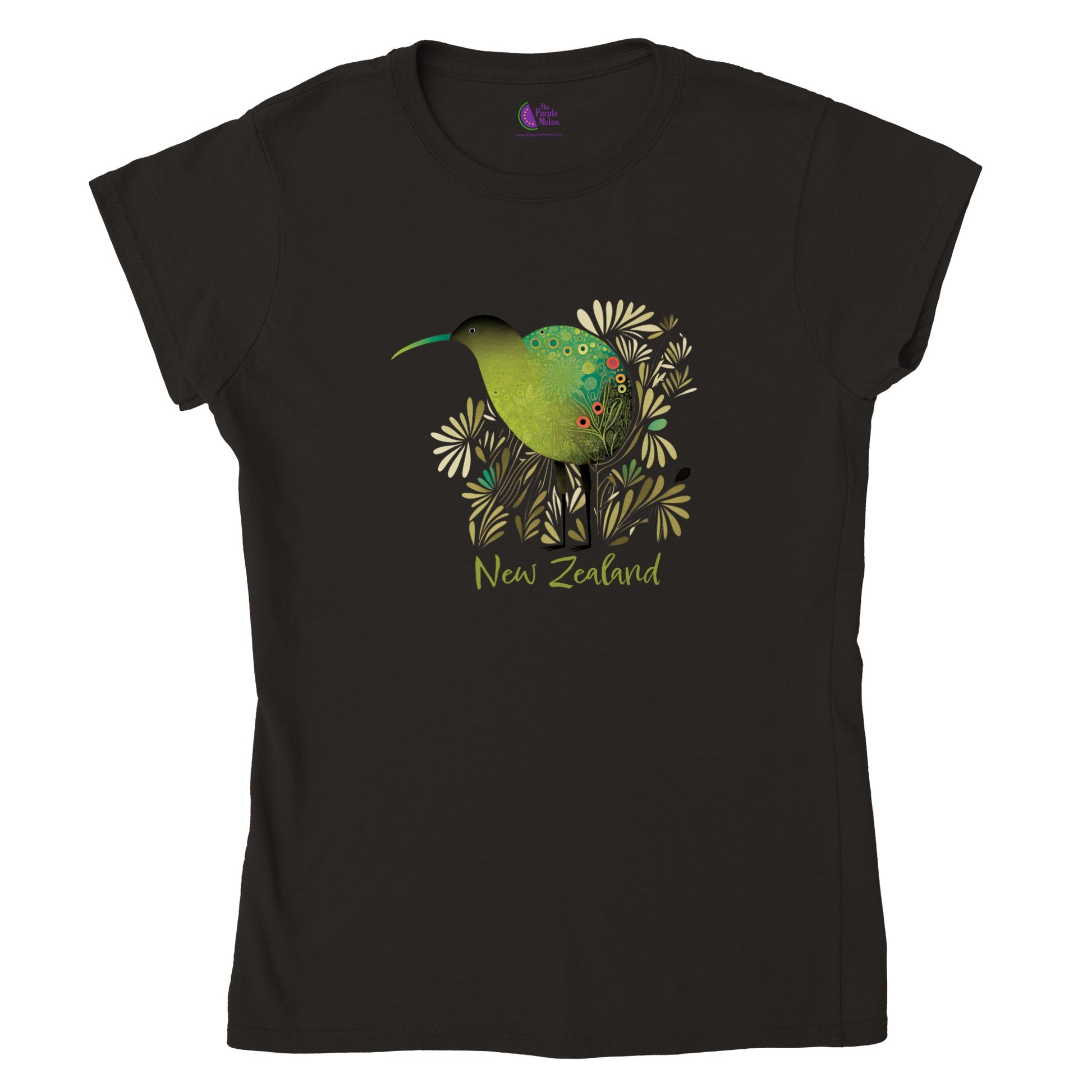 black t-shirt with a new zealand kiwi bird print