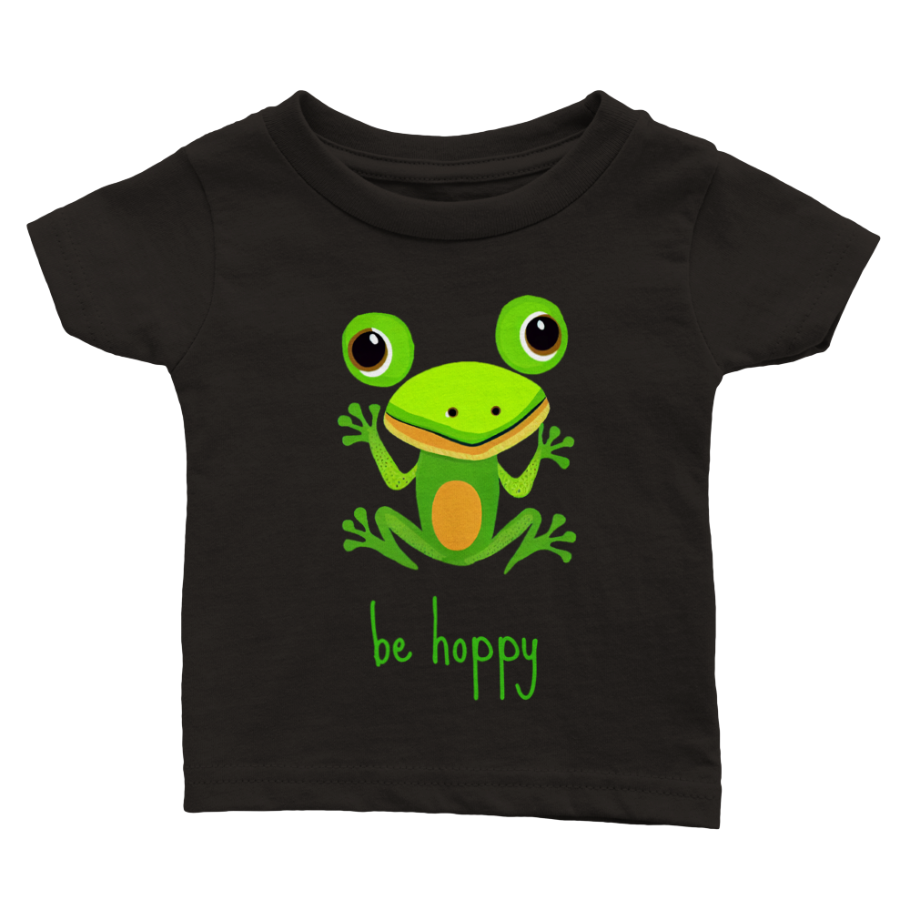 baby's black t-shirt with cute be hoppy frog print