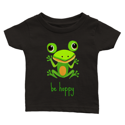 baby's black t-shirt with cute be hoppy frog print
