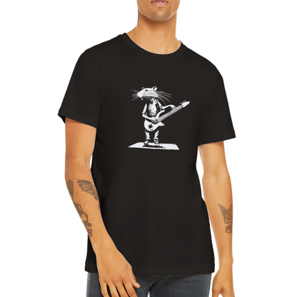Guy wearing a black t-shirt with a rat playing bass guitar print