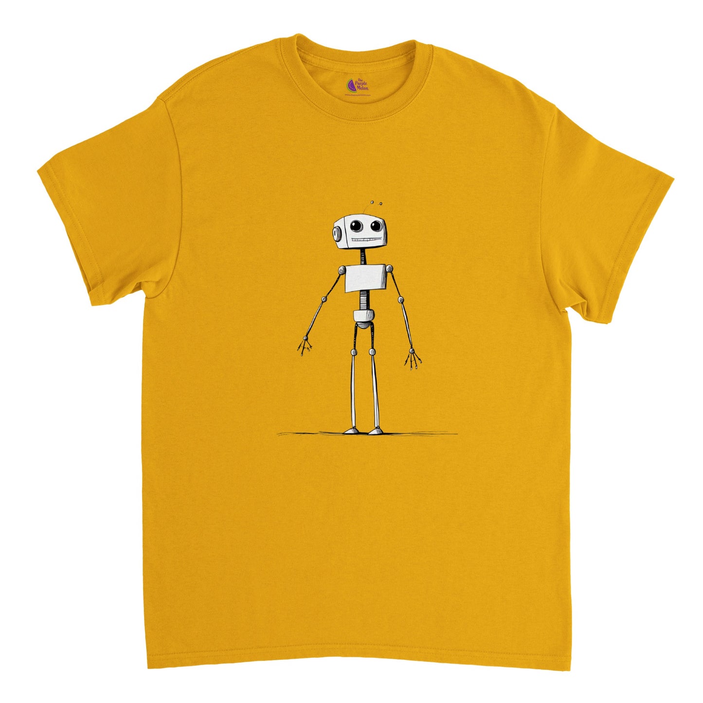 Gold t-shirt with smiling robot illustration