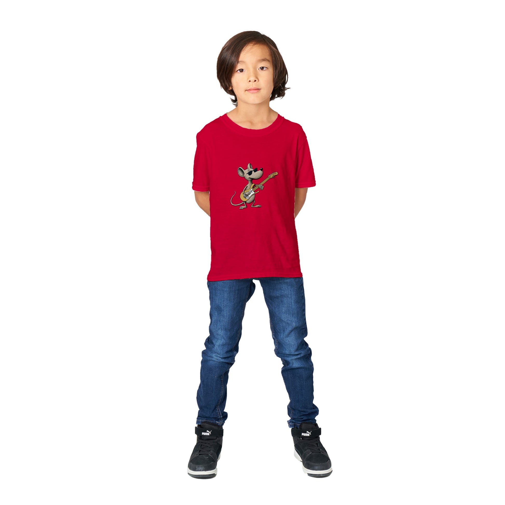 Kid wearing Cool rat playing a guitar print on red t-shirt