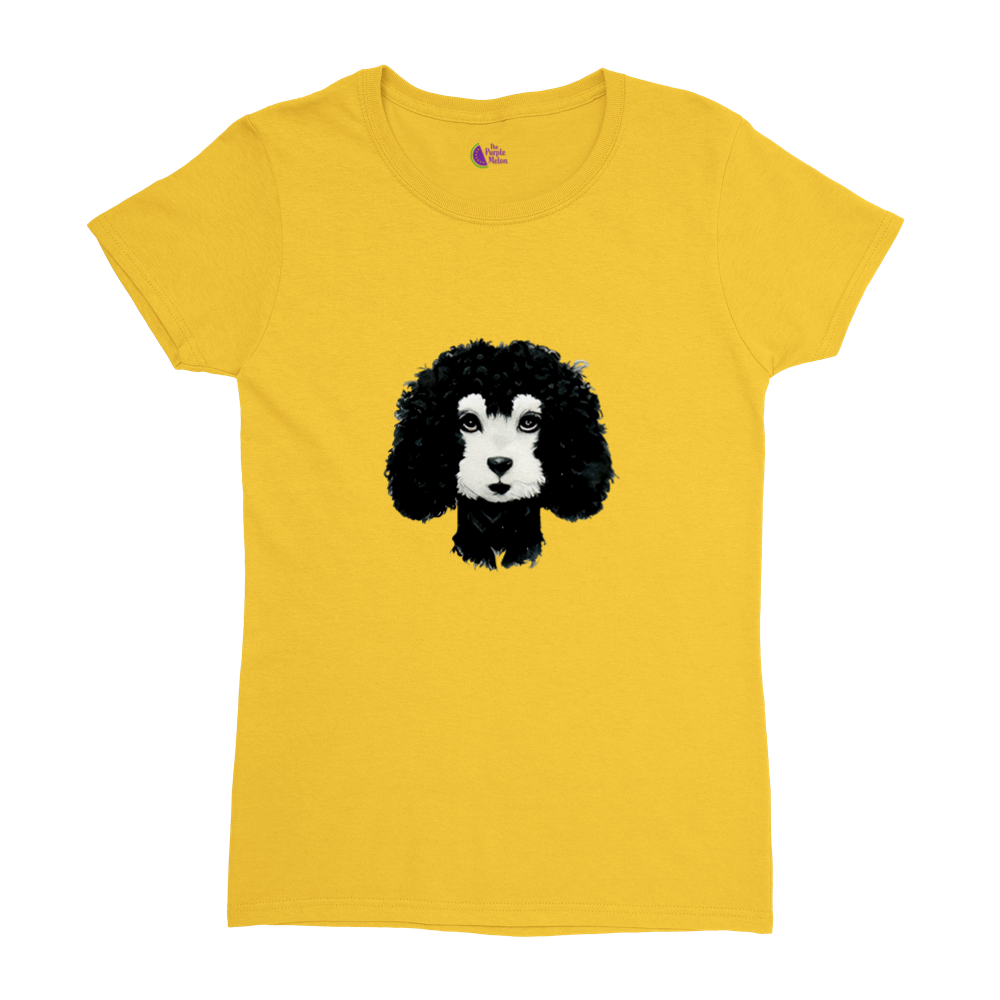 Gold t-shirt with a black & white poodle print