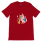 Red t-shirt with a pink cat playing the saxophone print