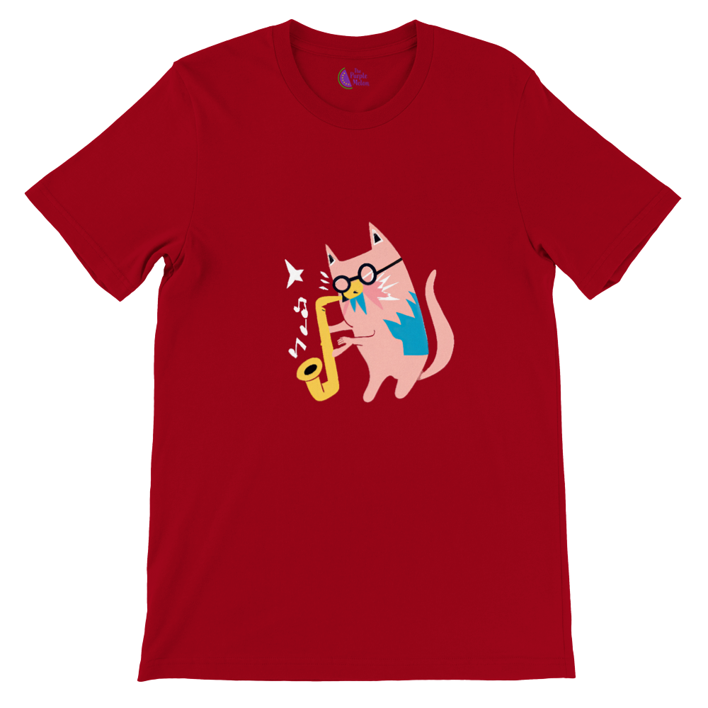 Red t-shirt with a pink cat playing the saxophone print
