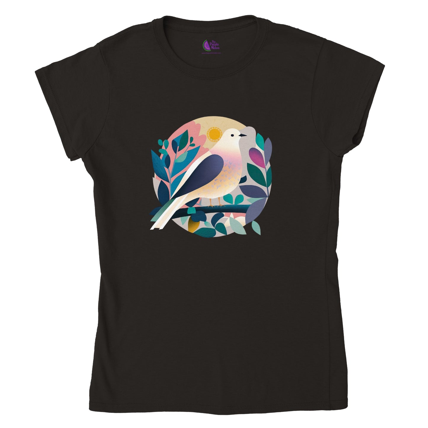 Black t-shirt with colourful dove print on the front
