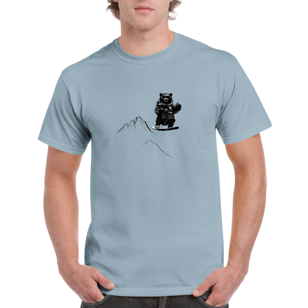 Guy wearing a light blue t-shirt with a snowboarding bear print