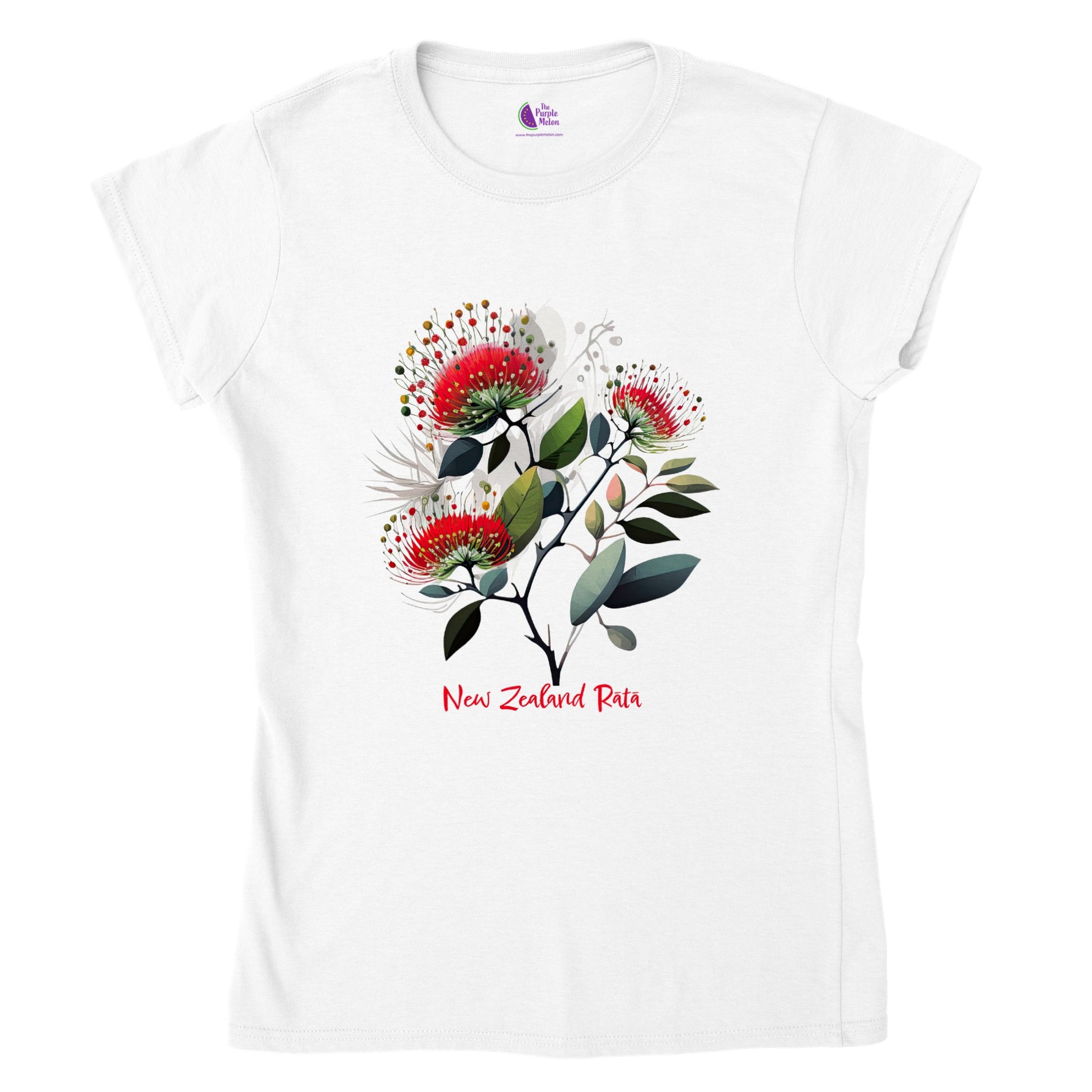 white t-shirt with a new zealand rata flower print