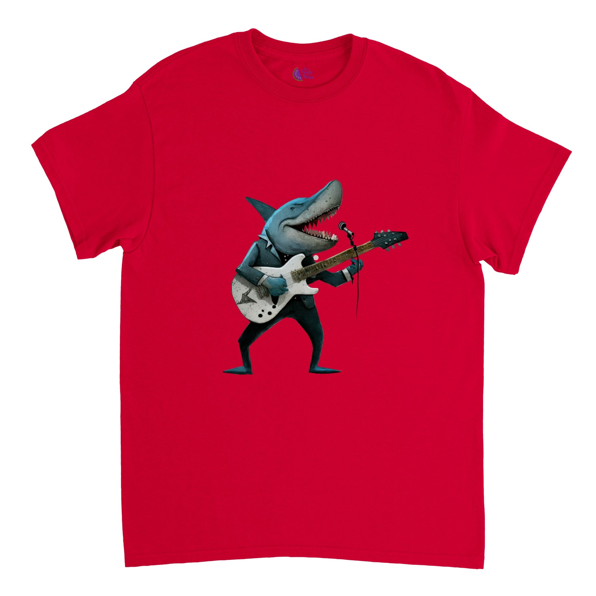 Red t-shirt with a shark playing guitar print