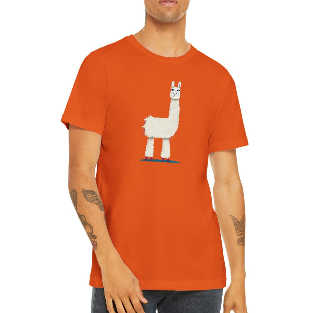 Guy wearing an orange t-shirt with a cute llama print