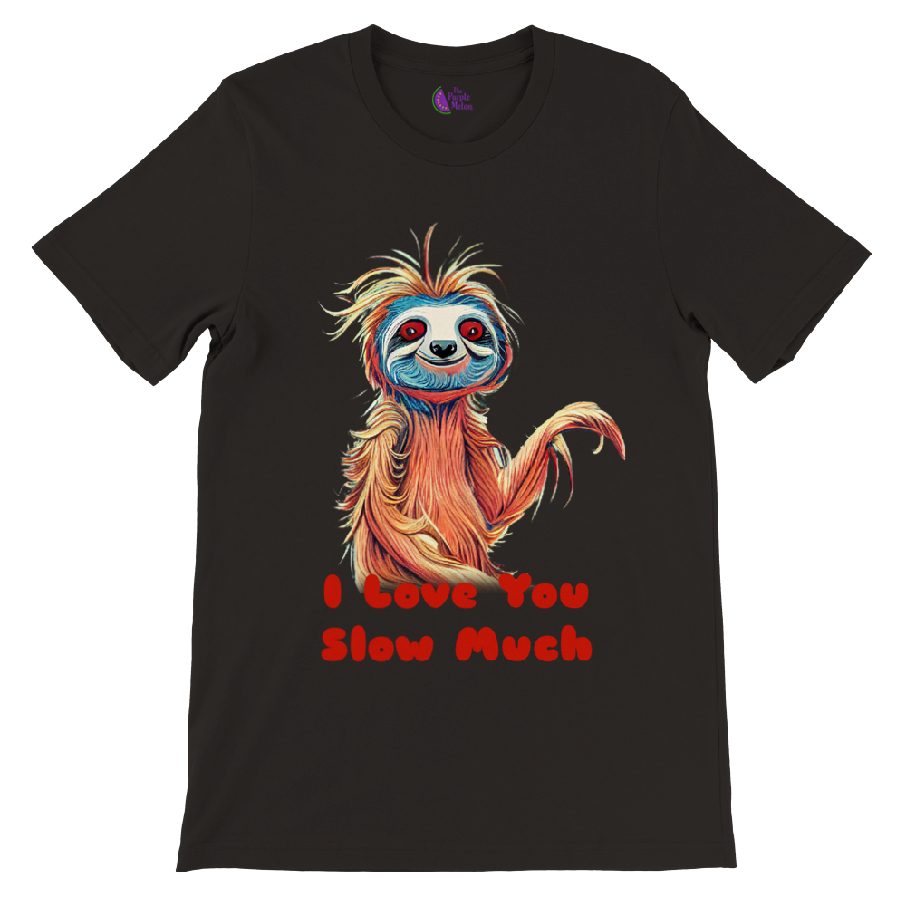 black t-shirt with a sloth and the caption I love you slow much