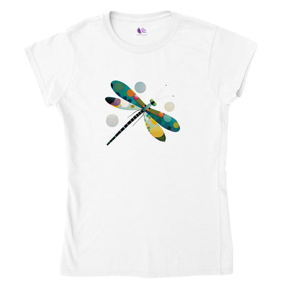 White t-shirt with an abstract colourful dragonfly print