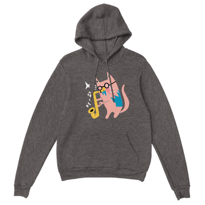 Pink Cat Playing a Saxophone Premium Unisex Pullover Hoodie.