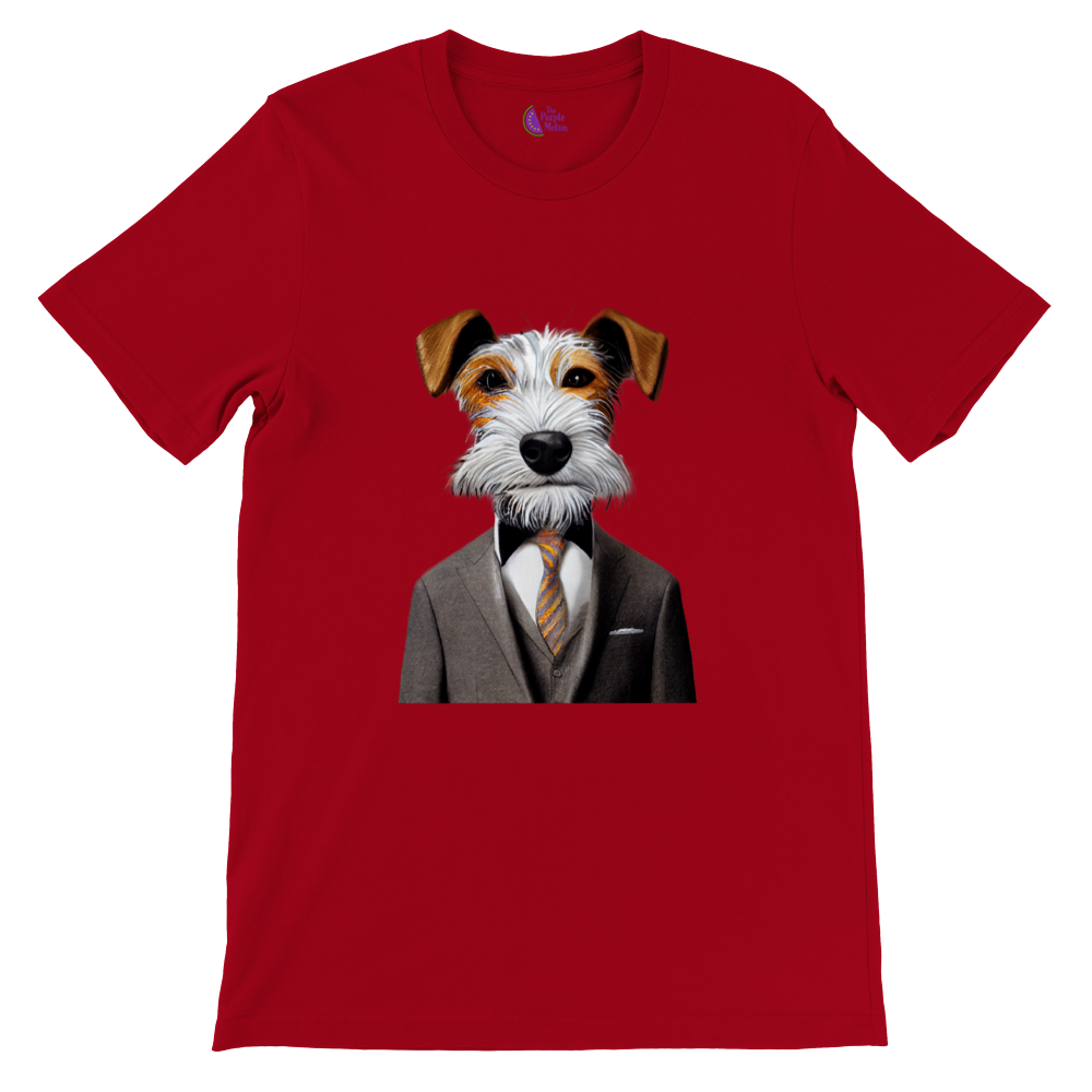 red t-shirt with a fox terrier in a suit print