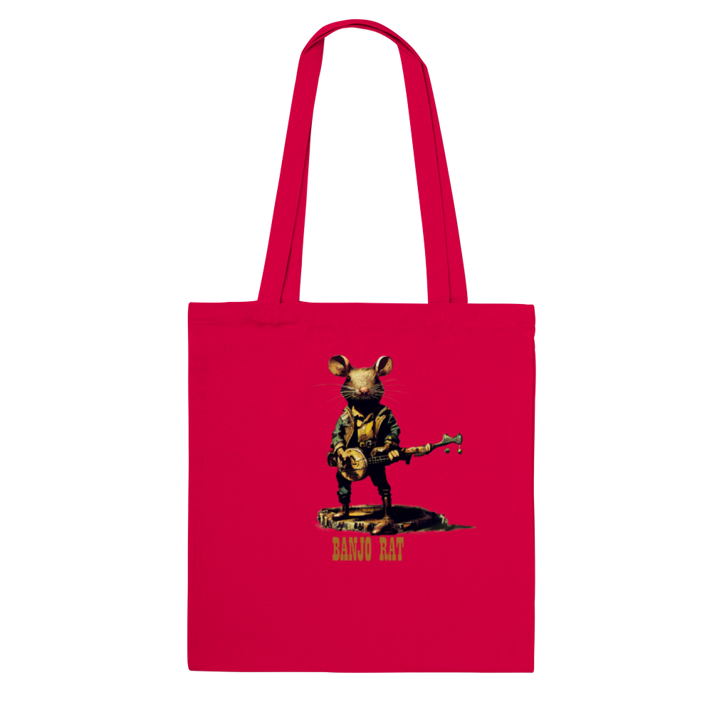 Red tote bag with Banjo Rat print
