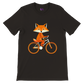Black t-shirt with a print of a cute fox riding a bike