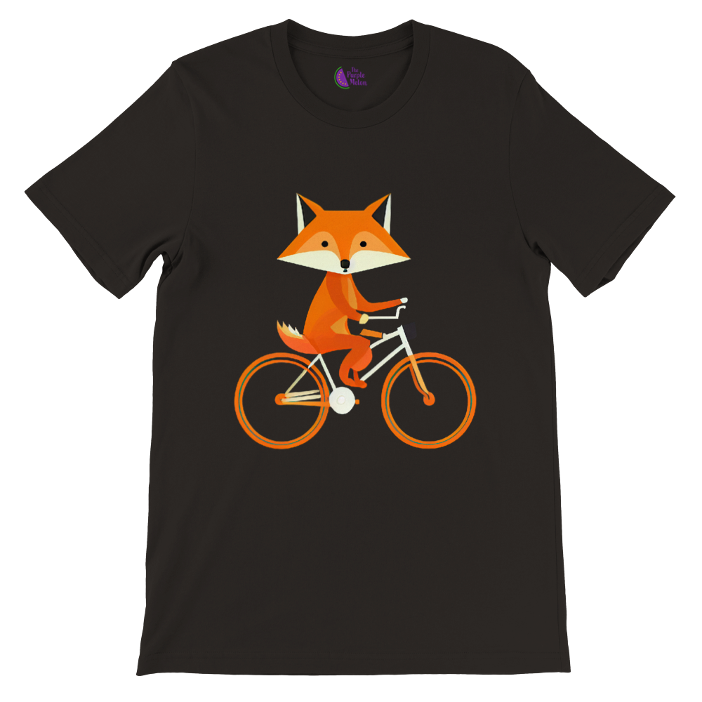 Black t-shirt with a print of a cute fox riding a bike