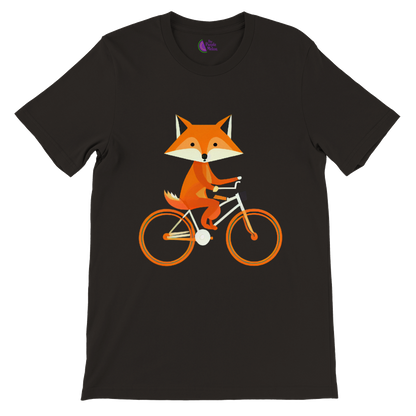 Black t-shirt with a print of a cute fox riding a bike