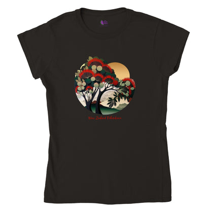 Black t-shirt with a new zealand pohutukawa tree print