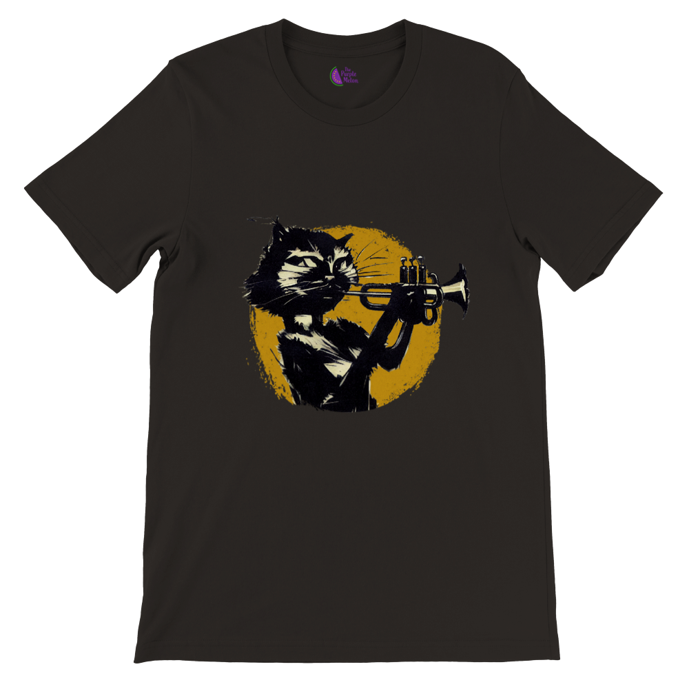 Black t-shirt with a cat playing the trumpet print