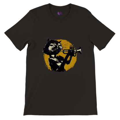 Black t-shirt with a cat playing the trumpet print