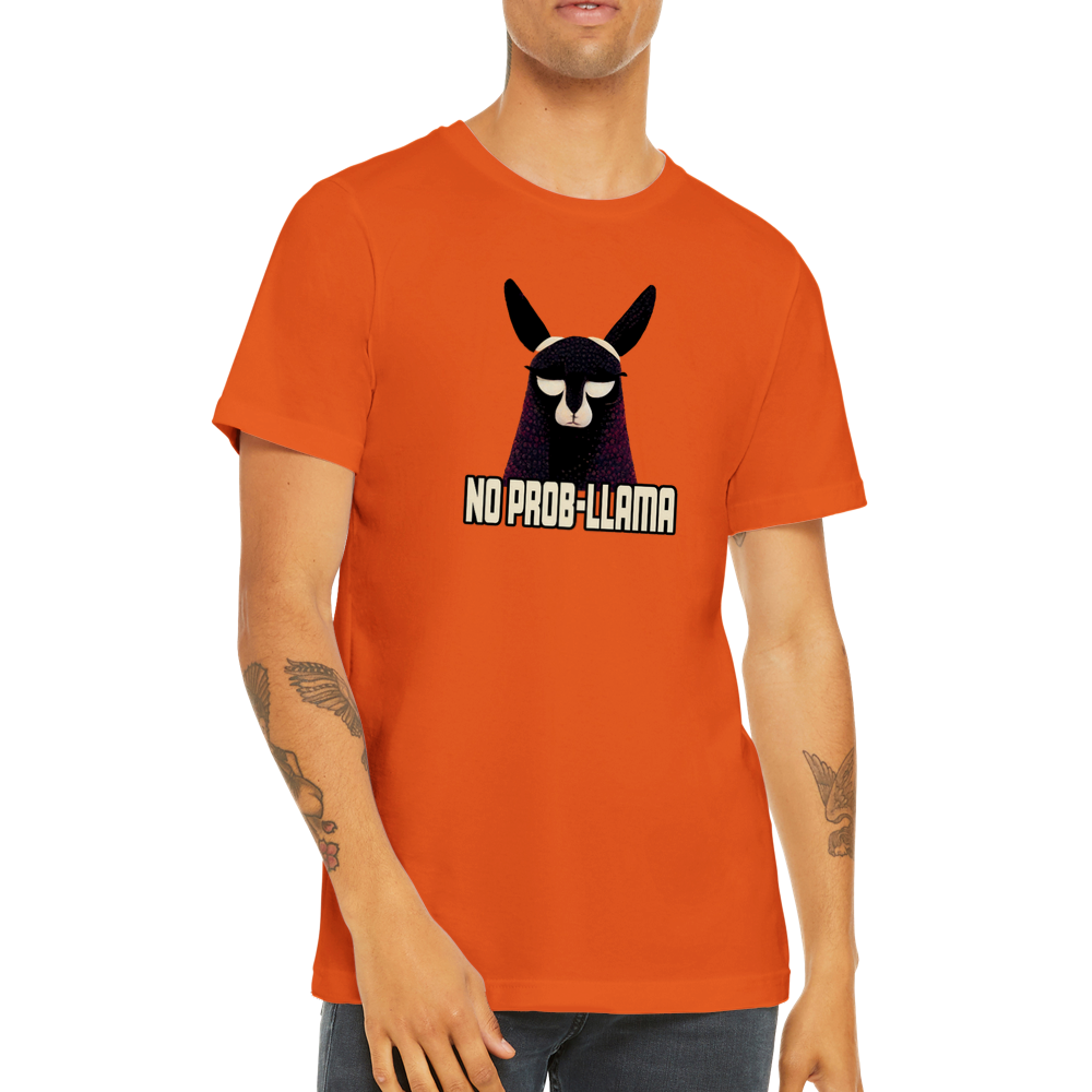 guy wearing an orange t-shirt with a Llama and no prob-llama caption